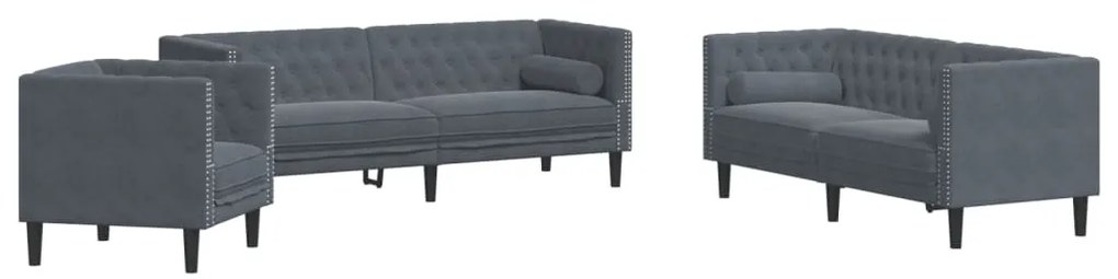 3 részes sötétszürke bársony Chesterfield kanapészett párnákkal