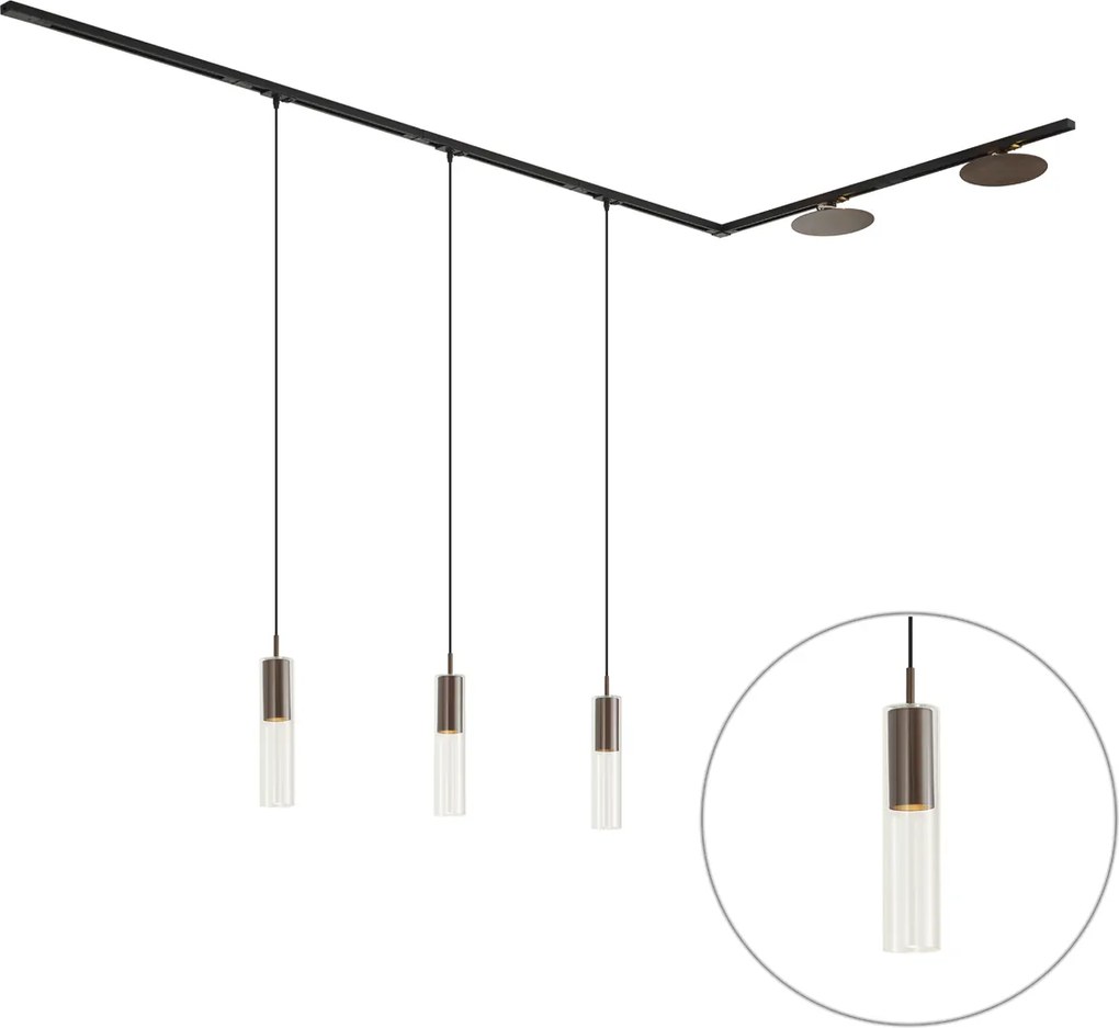 Modern railsysteem zwart met 3 hanglampen en 2 plafondlampen brons 1-fase - Iconic Lloyd Pulley