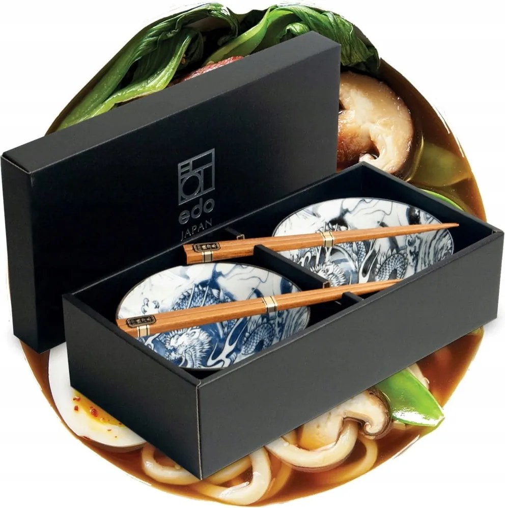 Fehér-Fekete-Kék Tál Szett 15cm Sárkány mintás pálcikákkal