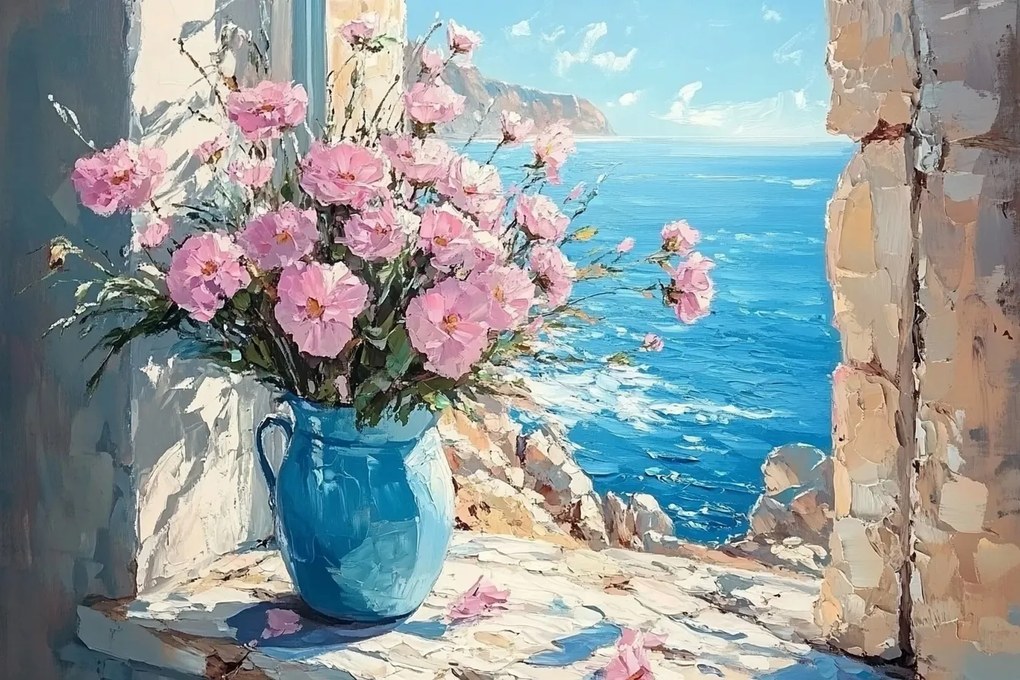Vászonkép Canvas Olaj Ablak Kilátás Tenger Dél Virágok Váza 120x80