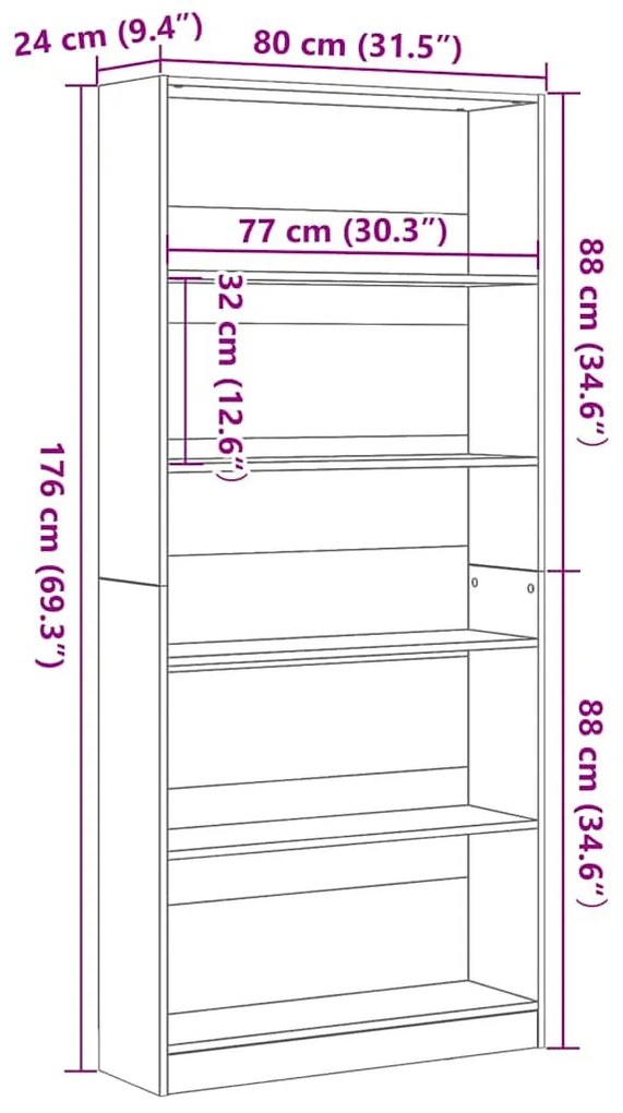 fekete tölgy szerelt fa könyvespolc 80x24x176 cm