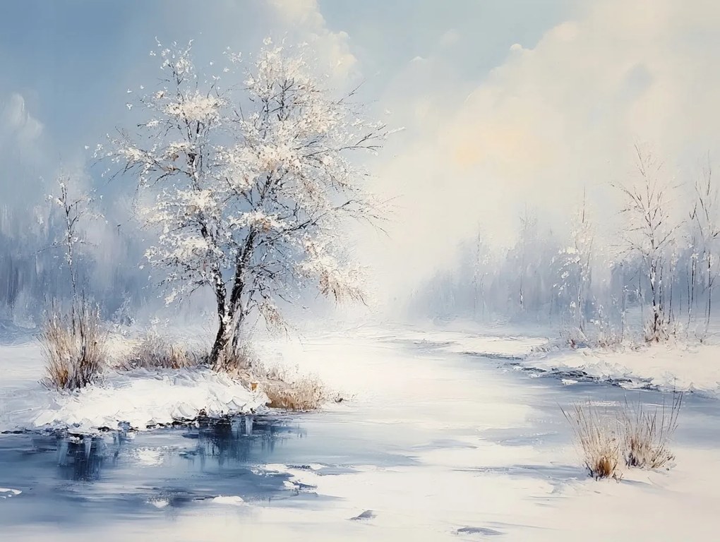 Vászonkép Canvas Tájkép Fa Folyó Tél Hó Jég 100x75