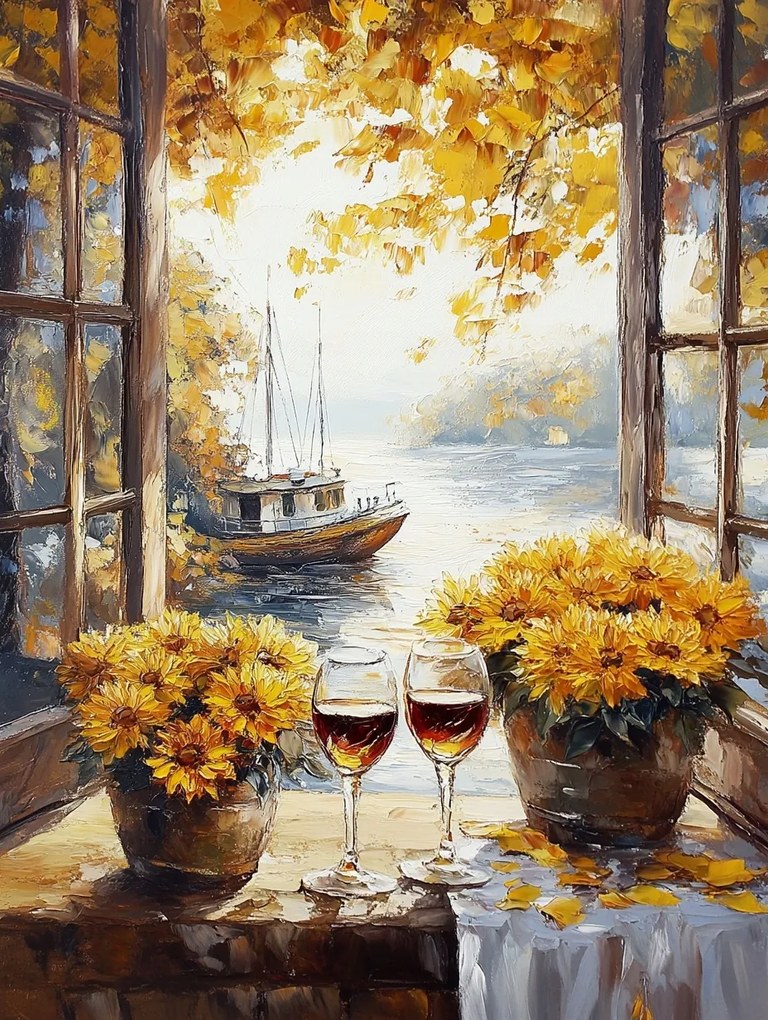 Vászonkép Canvas Ablak Ősz Hajó Bor Virágok Krizantém 75x100