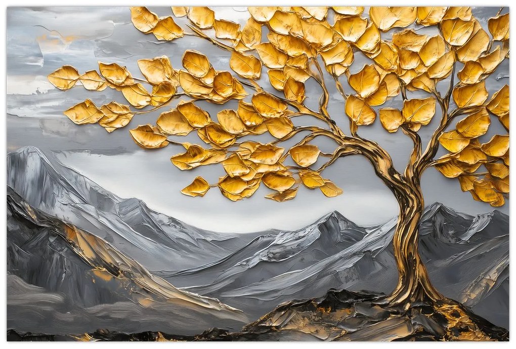 Kép – Fa arany levelekkel (90x60 cm)