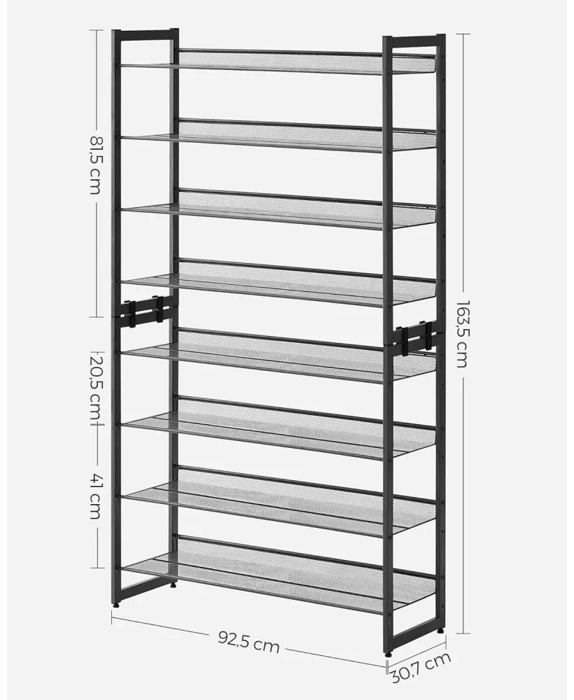 Cipőtartó polc 2x4 szintes fém háló polcokkal, fekete 92x30x163cm