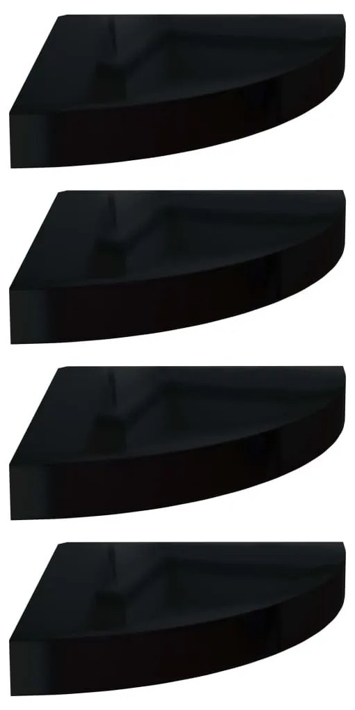 4 db magasfényű fekete MDF lebegő sarokpolc 25 x 25 x 3,8 cm