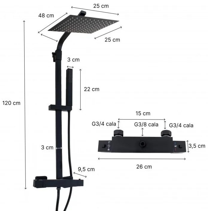 Erga Tira, zuhanygarnitúra termosztát elemmel és esőfejjel 25x25cm, fekete matt, ERG-YKA-BP.TIRA-THERM-25-BLK