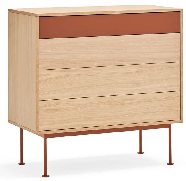 Yoko téglavörös fiókos komód tölgyfa dekorral - Teulat