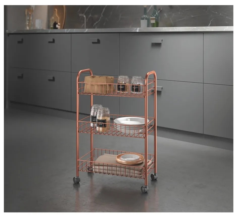 Sárgarézszínű gurulós szervező 3 polccal - Metaltex