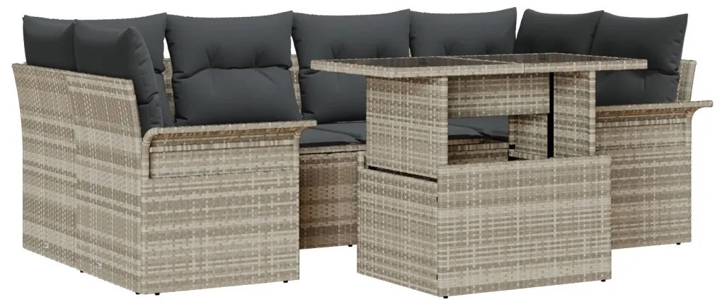 7 részes kerti kanapé készlet párnákkal világosszürke poli rattan, 2-fős kerti kanapé tárolóval és párnákkal világosszürke poli rattan