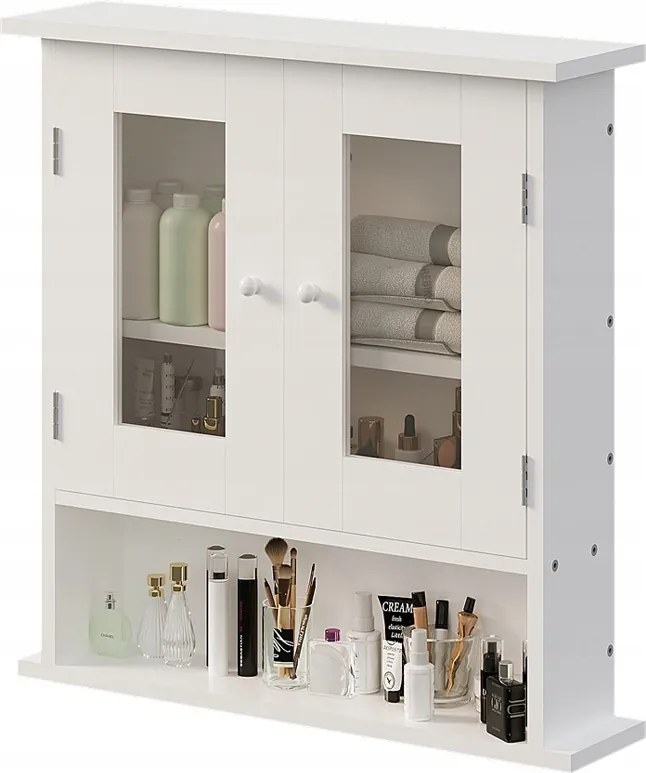 Függő Fürdőszoba Szekrény Fehér 2 Ajtós Üveg Fali Loft Polc 58 CM