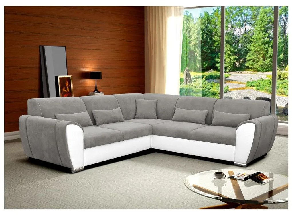 VISEU jobb oldali, L-alakú, ágyneműtartós, ággyá nyitható sarokkanapé, szürke/fehér