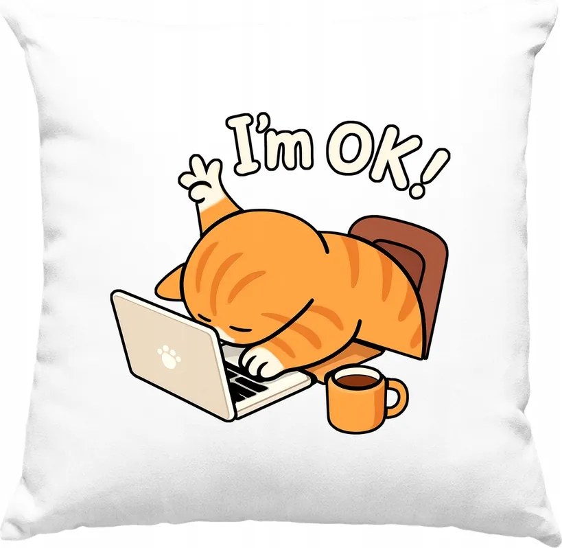 Macska a laptop mellett párna irodai humor fehér