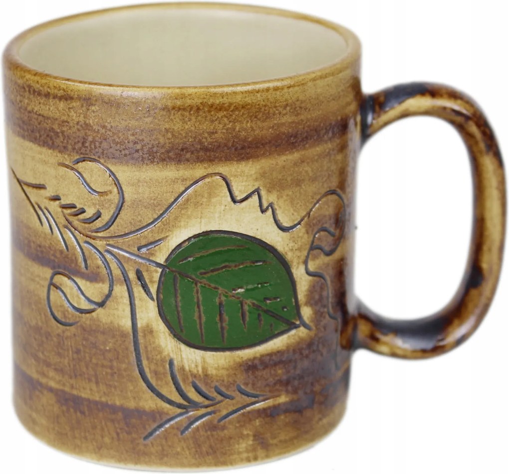 Kerámia bögre 0,25 l-es füllel, kézzel festett levél zöld