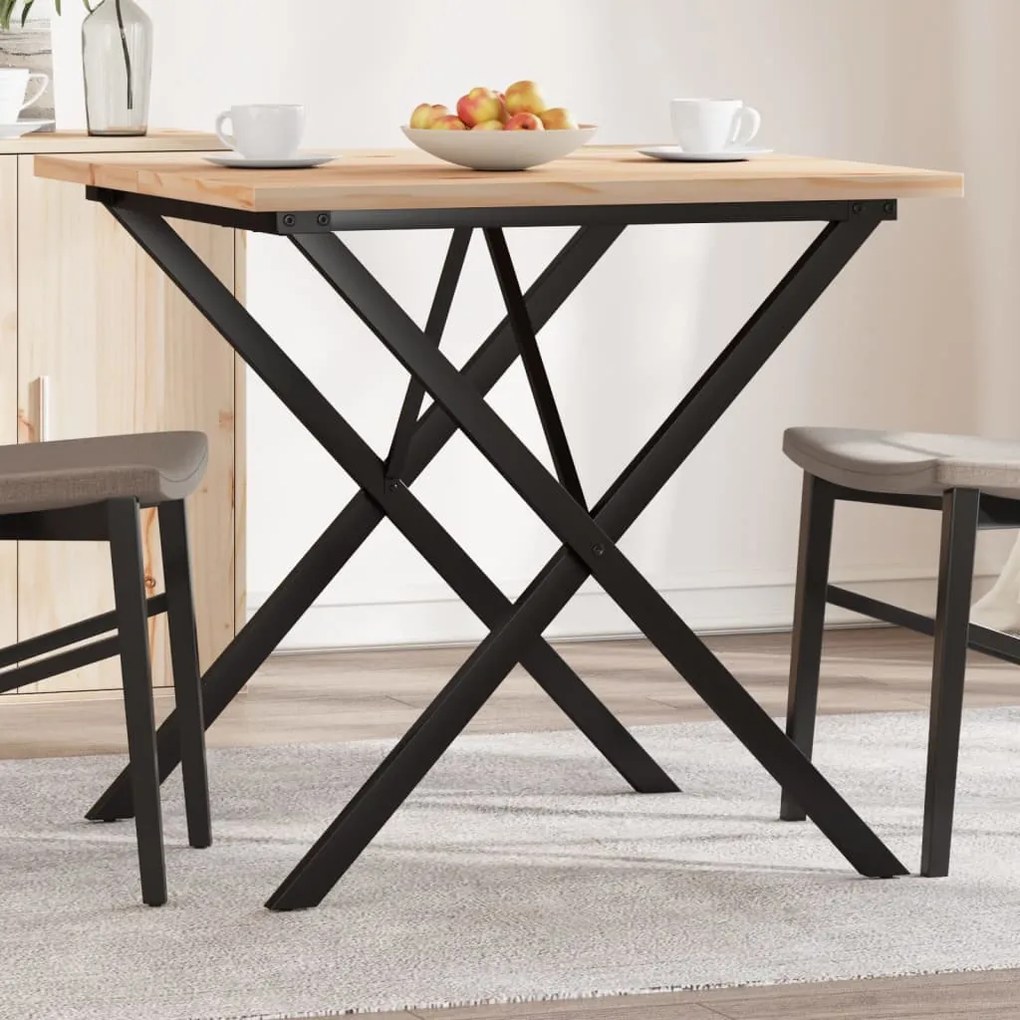 Tömör fenyőfa és acél étkezőasztal X-vázzal 90x90x75,5 cm