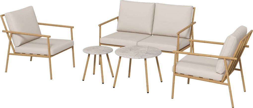 Outsunny 5 részes ülőgarnitúra, kertibútor szett 2 székkel, kávézó asztallal, 1 kétszemélyes kanapéval, ülőpárnákkal a teraszra, Krém | Aosom