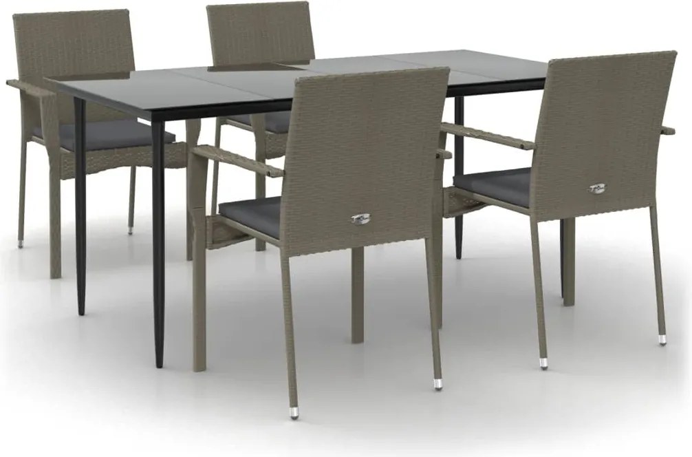 vidaXL 5 részes fekete és szürke polyrattan kerti étkezőszett párnával