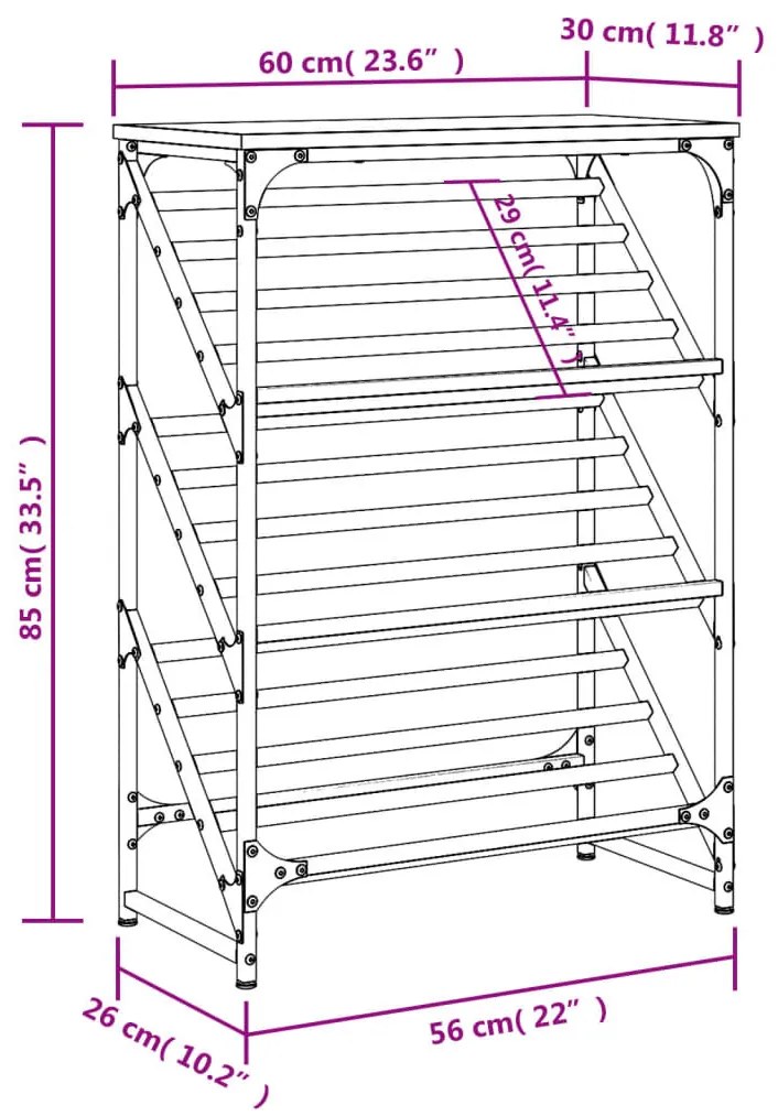 füstös tölgy színű szerelt fa cipőtartó 60x30x85 cm