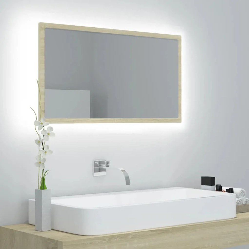 sonoma-tölgy akril LED-es fürdőszobai tükör 80x8,5x37 cm