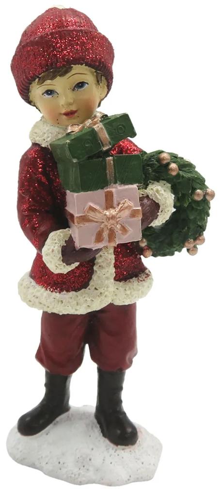 Kisfiú ajándékokkal nosztalgikus karácsonyi dekoráció figura