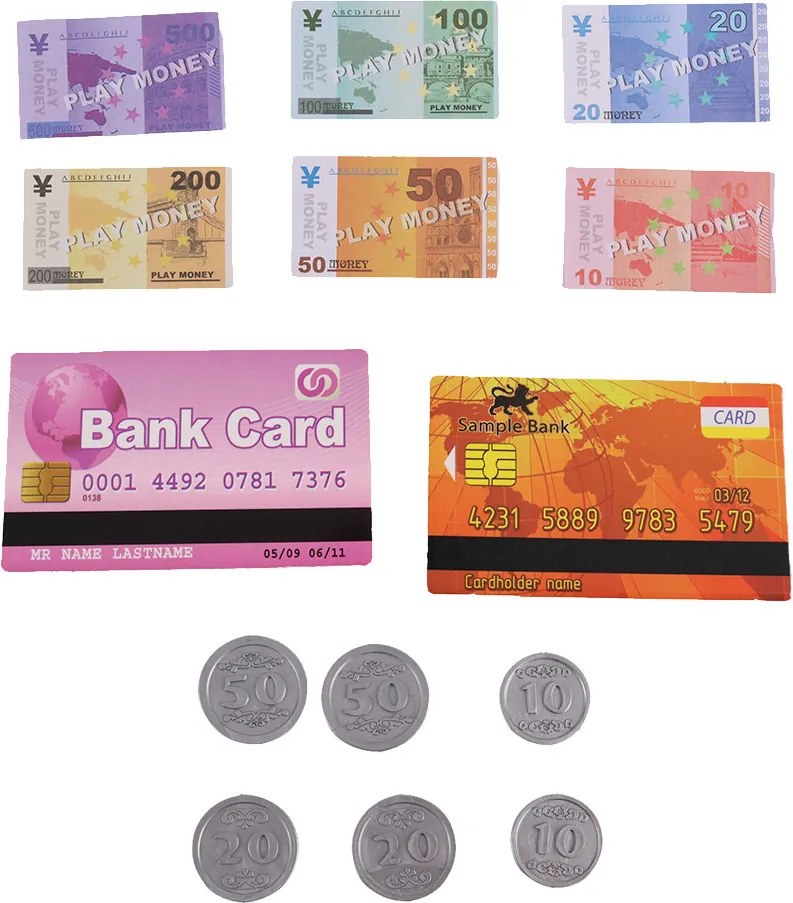 Játék bolti pénztárgép tele bevásárlókocsival, 32 db-os