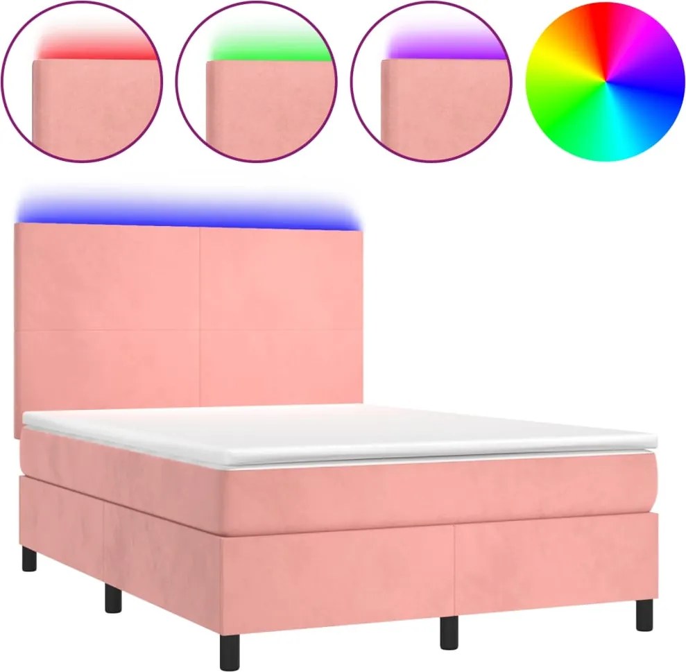 vidaXL rózsaszín bársony rugós és LED-es ágy matraccal 140x190 cm