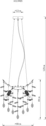 Globo 64138HS Csillár fém ezüst színű matt, füstszínű/átlátszó üveg kristályok, magssága rövidíthető, ø: 400mm, M: 1200mm, 4x E14 40W 230V izzók nélkül