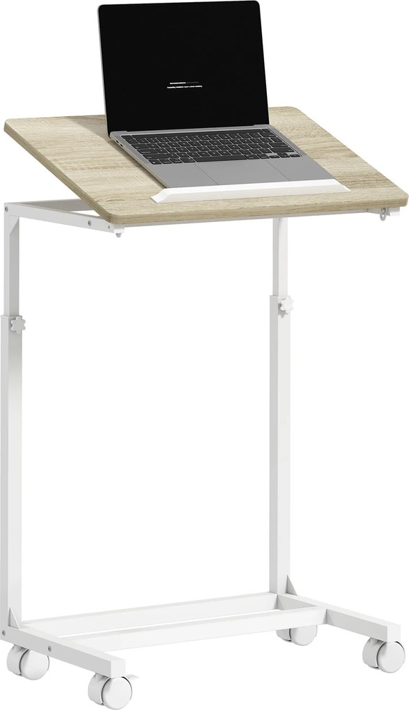 HOMCOM Görgős Oldaltábla Kanapéhoz Állítható Magasságú Dőlt Toppal és Fém Kerettel, 55x36x62.5-82.5 cm Tölgy | Aosom