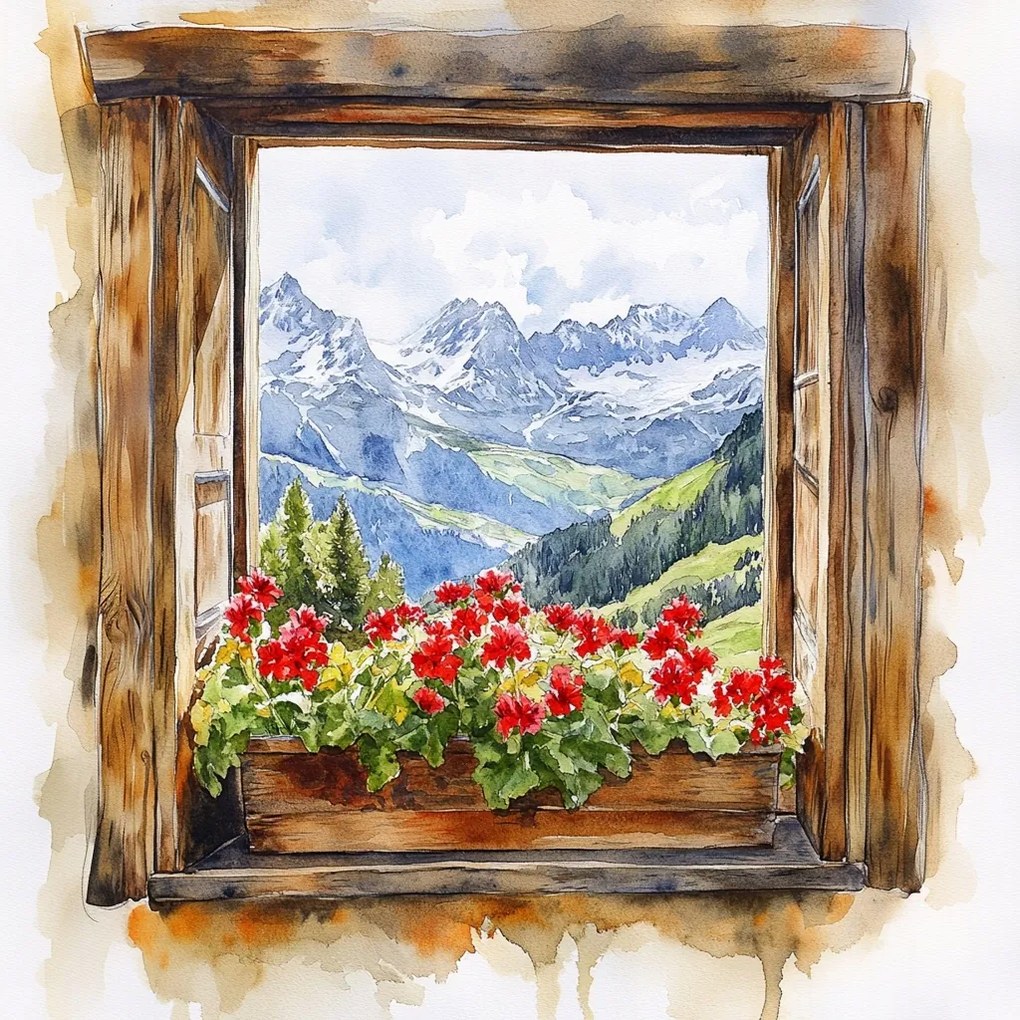 Vászonkép Canvas Ablak Kilátás Hegyek Alpok Hó Virágok Muskátli 80x80