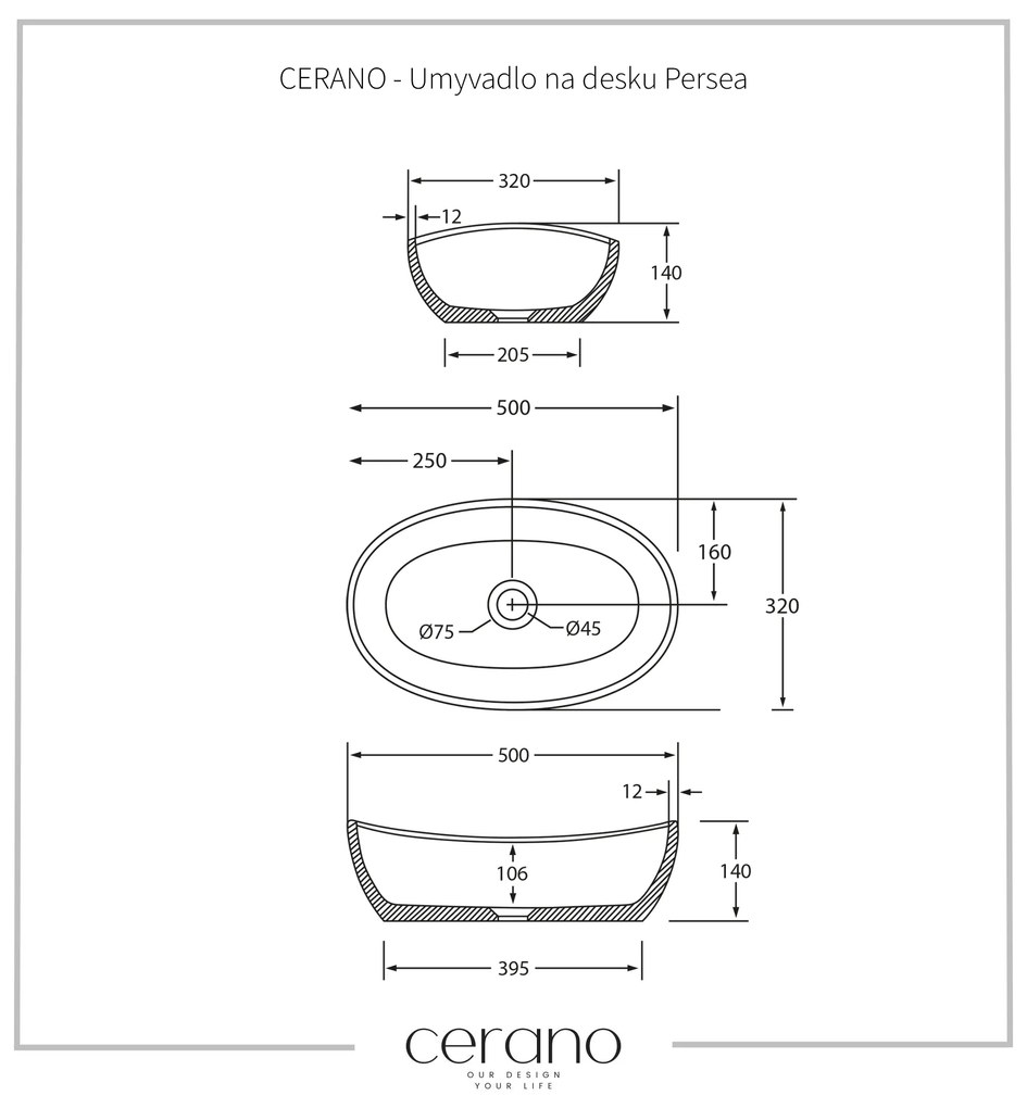 Cerano Persea, öntött márvány munkalap mosogató 500x320x140 mm, fehér matt, CER-CER-WB23