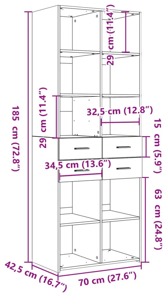 füstös tölgy színű szerelt fa magasszekrény 70 x 42,5 x 185 cm