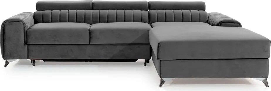 Sötétszürke bársony kinyitható-tárolóhelyes sarokkanapé (jobb oldali-heverő résszel) Grayson – ELTAP