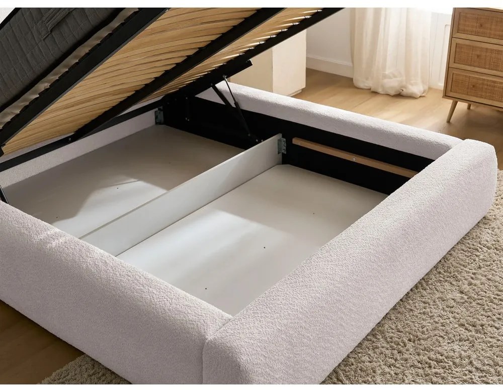 Fehér kárpitozott ágyneműtartós franciaágy ágyráccsal 140x190 cm Orlane – Bobochic Paris