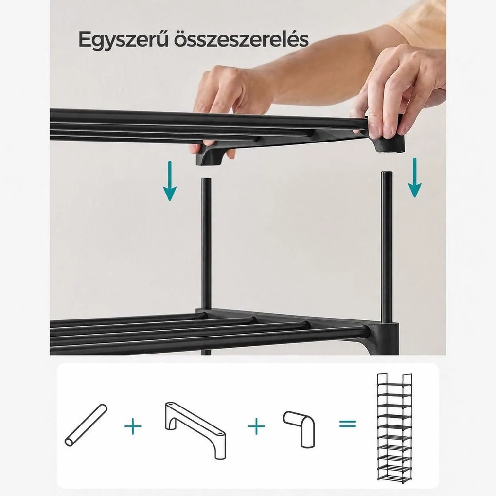 10 szintes keskeny cipőtartó, moduláris fém cipőtároló akár 20 pár cipőhöz, 45 x 30 x 174 cm, fekete