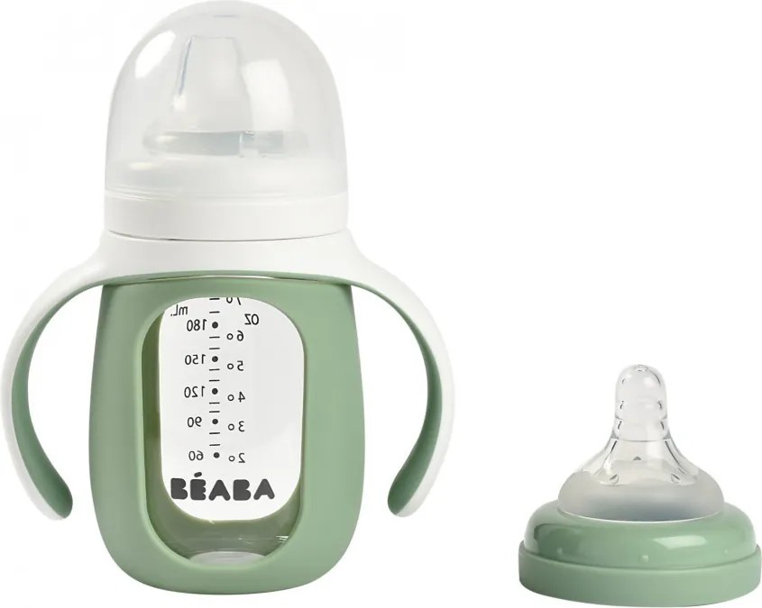 Béaba 2 az 1-ben Tanuló cumisüveg 210 ml + Szilikon borítással - Zsályazöld