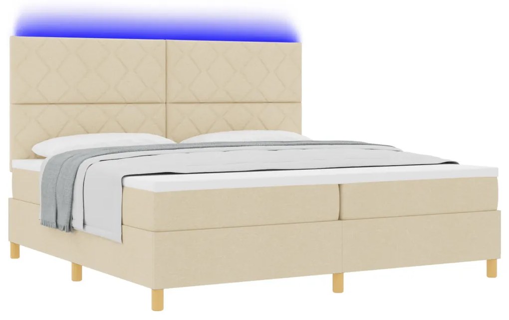 Boxspring ágy matraccal és LED-del, krém szövet, 200x200 cm