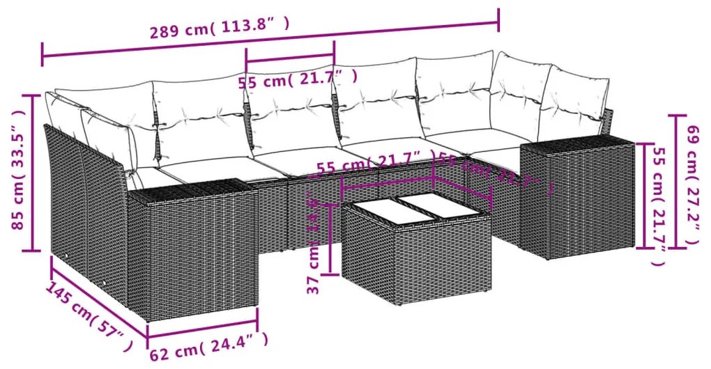 8 részes világosszürke polyrattan kerti ülőgarnitúra párnával