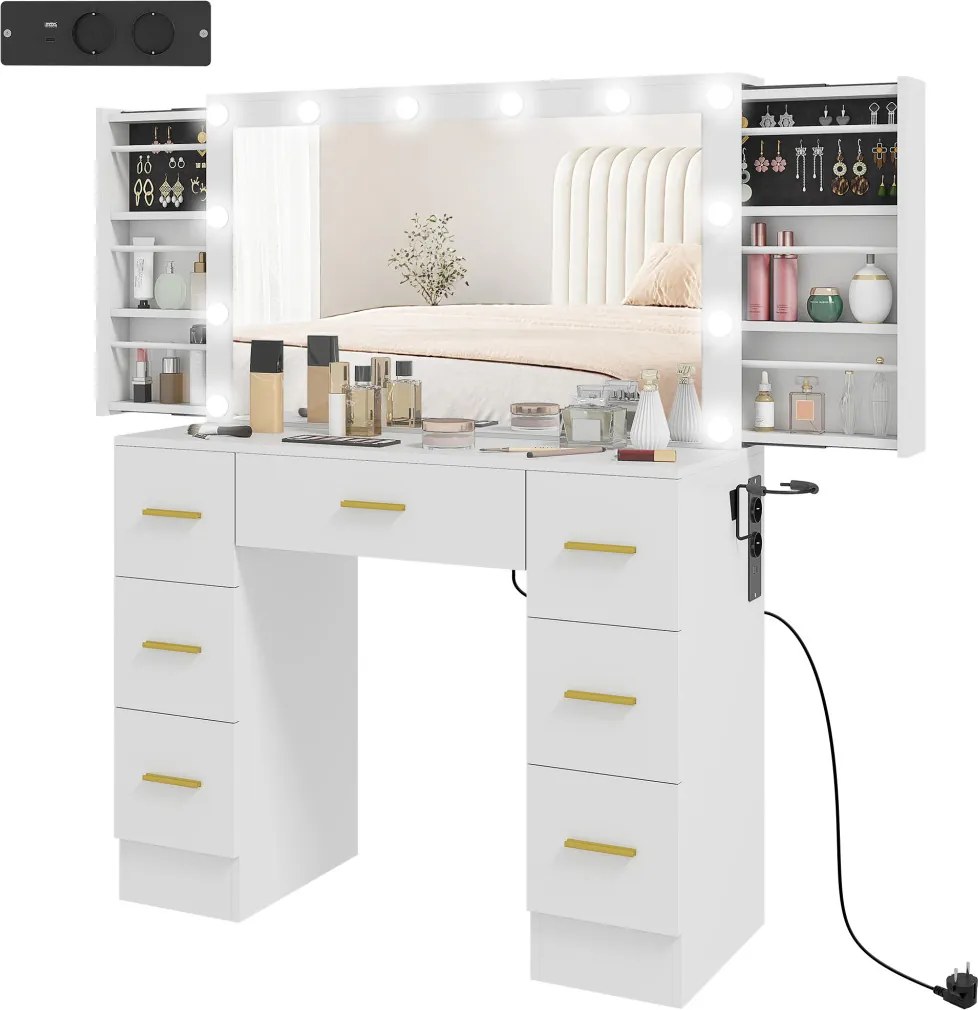 HOMCOM Fésülködőasztal tükörrel, 12 LED lámpával, 7 fiókkal, 100 x 40 x 137 cm, fehér