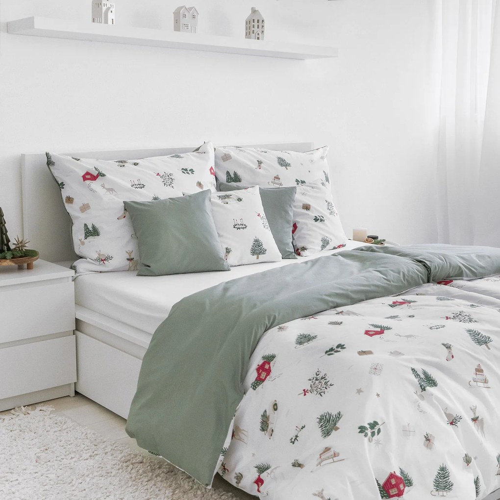 Goldea karácsonyi pamut ágyneműhuzat duo - tradicionális karácsonyi, zsálya színű hátoldal 140 x 200 és 70 x 90 cm