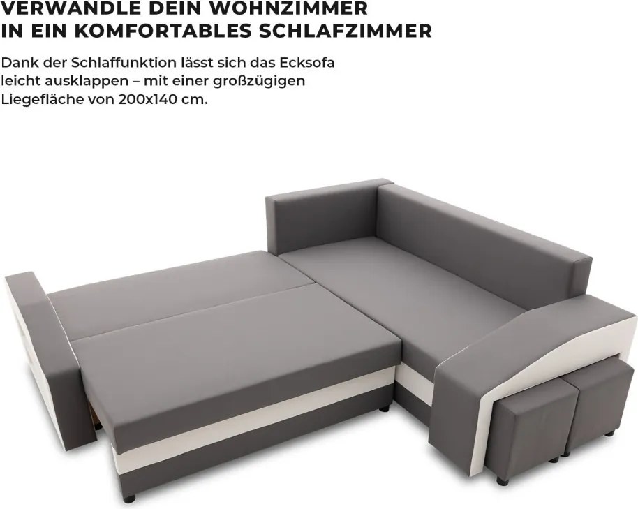 Grande sarokkanapé polcokkal és puffokkal , polc a bal karfaban puffok a jobb karfaban, jobboldali, szövet anyag, hab töltet, szürke - fehér