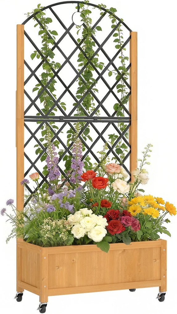 Outsunny emelt fenyő virágláda rácssal és kerekekkel, 72 x 36 x 168 cm | Aosom