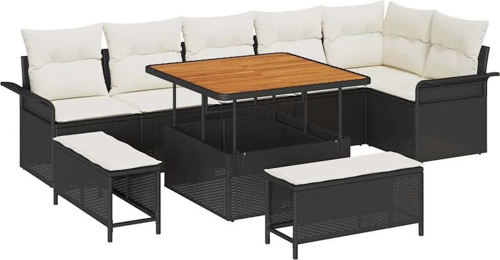 vidaXL Kerti Kanapé Szett párnával 9 pcs Fekete polirattan