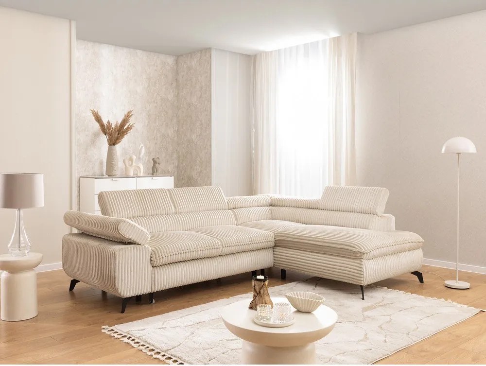 Bézs kordbársony sarokkanapé (jobb oldali-L alakú) Marbeya – Ropez