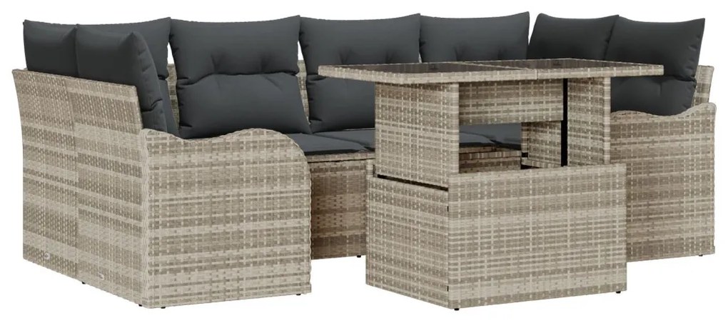 7 darabos kerti kanapé párnákkal, világosszürke poli rattan, 2-személyes kerti kanapé párnákkal, világosszürke poli rattan