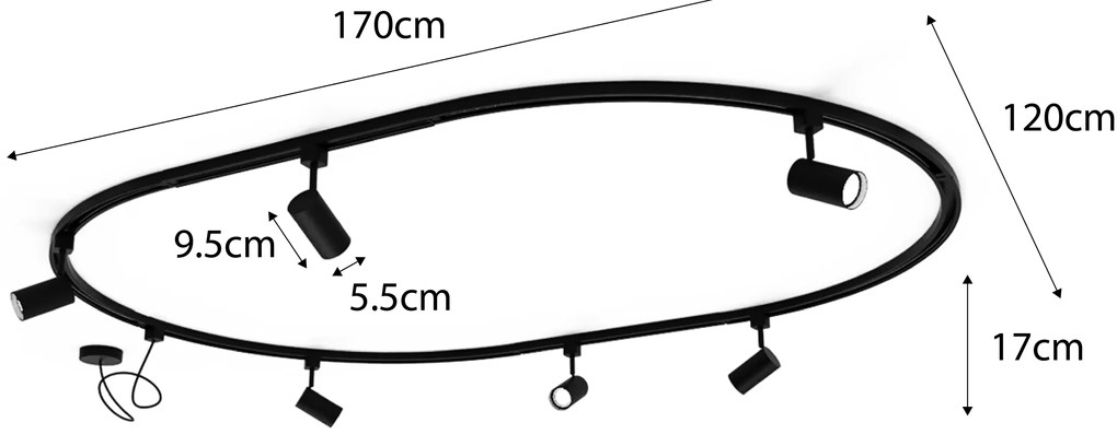 Modern sínrendszer 6 fehér spotlámpával, 1 fázisú ovális 100 cm - Iconic Jeana