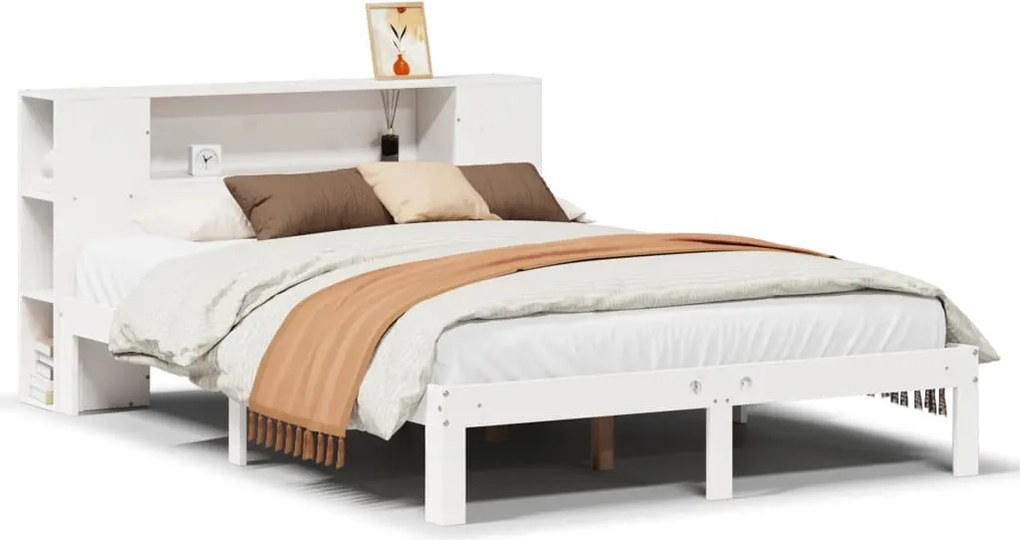 vidaXL fehér tömör fenyőfa könyvespolcos ágy matrac nélkül 135x190 cm