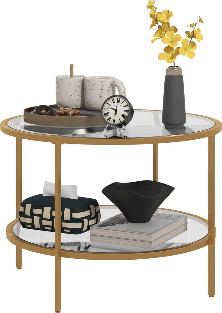 HOMCOM Kerek Oldaltábla Kávézóasztallal, Polccal, Acélváz, Kávézóasztal, Éjjeliszekrény a Nappaliban, Hálószobában, Arany, Ø60 x 43 cm | Aosom