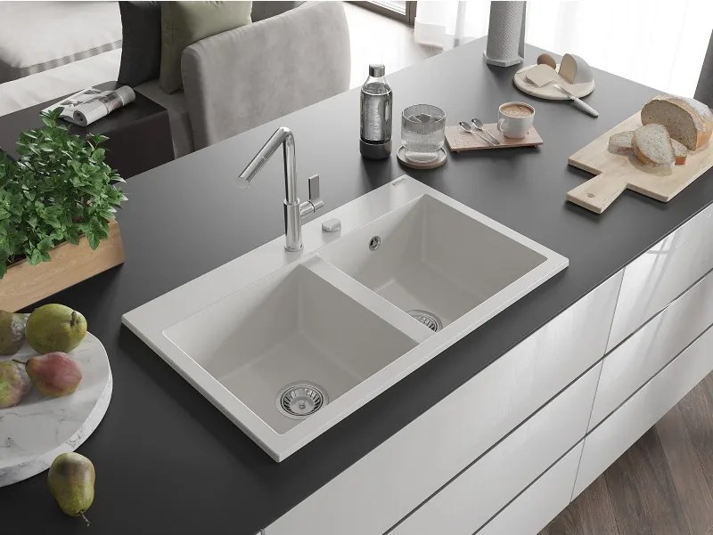 Mexen Hektor gránit mosogató 2-medencés 800 x 480 mm, fehér, króm szifon - 6521802000-20