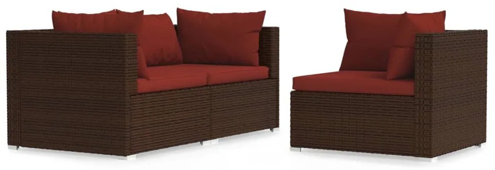 3 részes barna polyrattan kerti bútorszett párnákkal