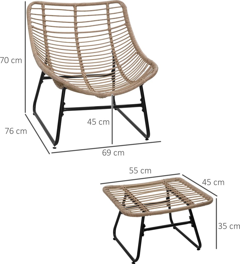 Outsunny Kerti Kárpitozott Karosszék Epoxi Fém Váz és Rattan Lábpihentető Plüss Párnákkal - Természetes | Aosom